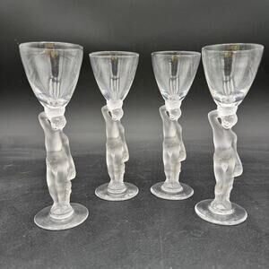 Vintage Bacchus Liquor Cordial Glasses by France Male Nude 6" Crystal Set of 4